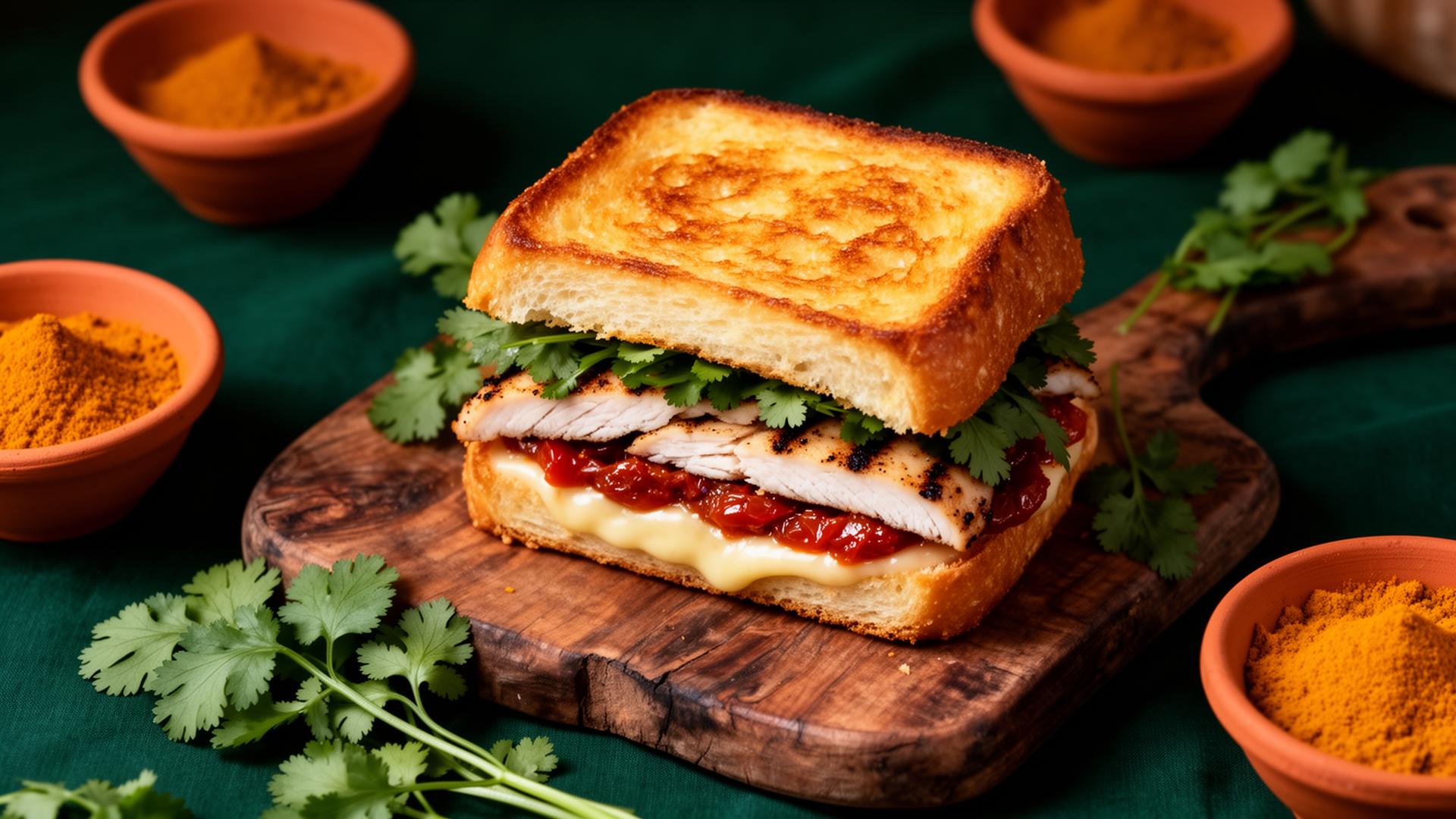 Club sandwich brioché toasté avec poulet tandoori, coriandre fraîche et épices — Petit Voyage Toulouse