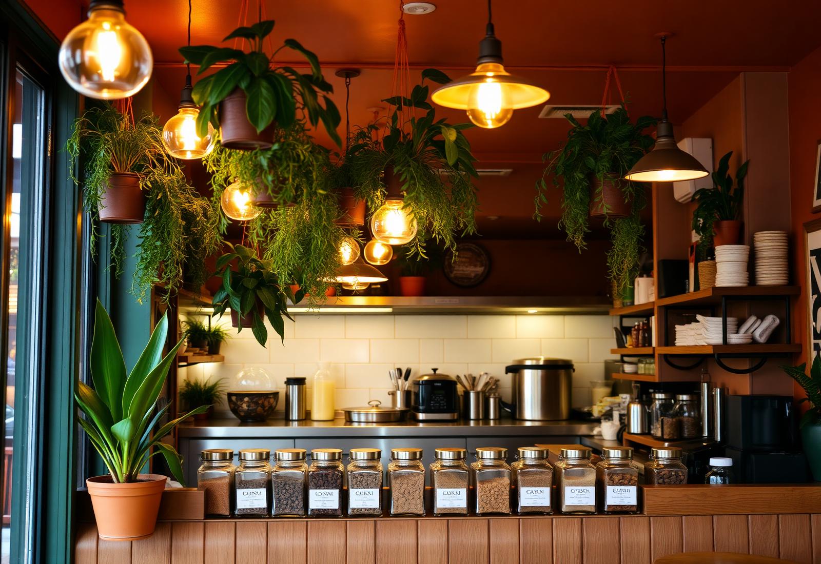 Intérieur chaleureux du Petit Voyage : cuisine ouverte, plantes vertes, épices